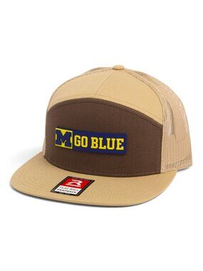 Michigan Wolverines GO BLUE 3D Snapback Flat Bill Trucker Hat- Brown/ Tan